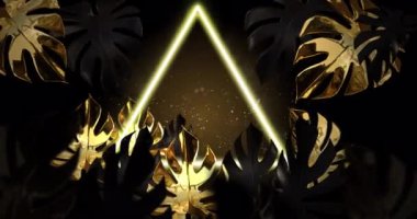 Kahverengi arka planda sarı neon üçgenli altın tropikal yaprakların animasyonu. Dijital olarak üretilen tropik bitkiler, renk ve doğa konsepti.