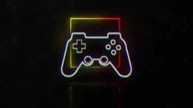 Parlak kare neon tünelin üzerindeki neon oyun platformunun animasyonu. Genel video oyunu, dijital arayüz, hesaplama ve veri işleme kavramı dijital olarak oluşturuldu.