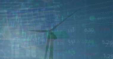Veri işleme ve rüzgar türbininin üzerindeki dünya haritasının animasyonu. Küresel iş, ekoloji ve dijital arayüz kavramı dijital olarak oluşturulmuş video.