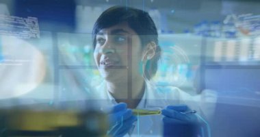 Laboratuvardaki melez kadın bilim adamının veri işleme animasyonu. Küresel bilim, iş, finans, hesaplama ve veri işleme kavramı dijital olarak oluşturulmuş video.