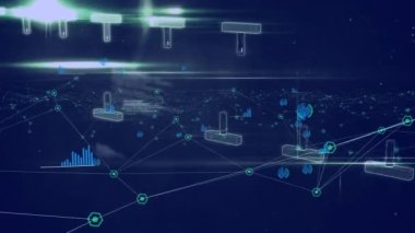 Mavi arkaplan üzerinde DNA iplikçikleri, istatistik ve veri işleme animasyonu. Küresel bilim, iş, finans, hesaplama ve veri işleme kavramı dijital olarak oluşturulmuş video.