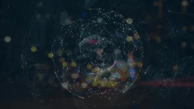 Odak şehir ışıkları dışında bağlantıları olan dünyanın animasyonu. Küresel ağlar, dijital arayüz, hesaplama ve veri işleme kavramı dijital olarak oluşturuldu.