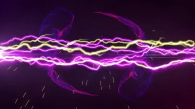 Mavi şekiller üzerinde renkli şimşeklerin animasyonu. Sosyal medya ve dijital arayüz konsepti dijital olarak oluşturulmuş video.