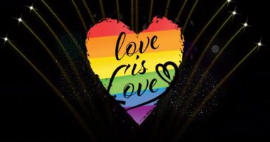 Gururlu gökkuşağı aşkının animasyonu siyah arka planda patlayan aşk kalbi ve havai fişeklerdir. Gurur ayı, lgbt, insan hakları ve eşitlik kavramı dijital olarak oluşturulmuş video.