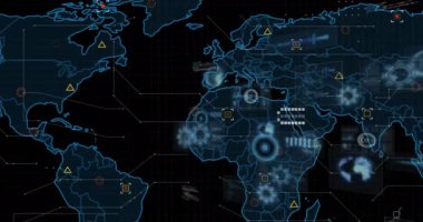 Veri işleme animasyonu ve kara arka planda dünya haritası. Küresel iş ve dijital arayüz kavramı dijital olarak oluşturulmuş video.