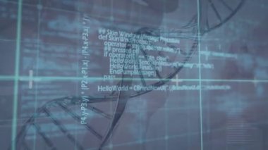 Veri işleme ve bebek üzerinde dönen DNA dizisinin animasyonu. Küresel bilim, araştırma, ağlar, hesaplama ve veri işleme kavramı dijital olarak oluşturulmuş video.