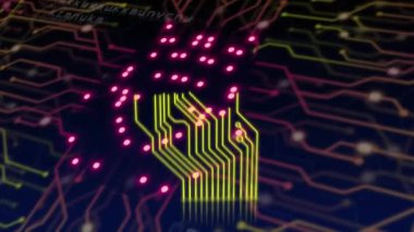 Çevrimiçi güvenlik kilidinin animasyonu, bilgisayar devre kartından veri işleme. Küresel çevrimiçi güvenlik, veri işleme, dijital arayüz ve bağlantılar konsepti dijital olarak oluşturuldu.