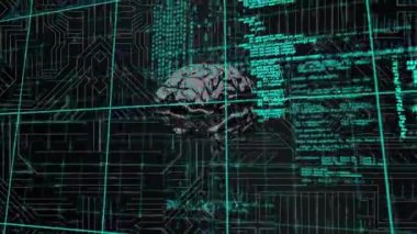 Siyah arka planda veri işleme ve beyin animasyonu. Küresel iş ve dijital arayüz kavramı dijital olarak oluşturulmuş video.