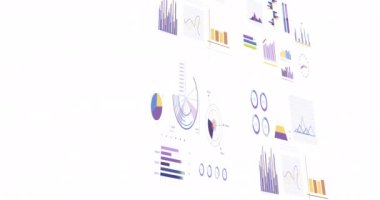 Beyaz arka plan üzerinden istatistik ve finansal veri işleme animasyonu. Küresel iş, finans, hesaplama, veri işleme, dijital arayüz ve bağlantılar konsepti dijital olarak oluşturulmuş video.