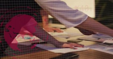 Animation of financial data processing over diverse business people in office. Global business, finances, computing and data processing concept digitally generated video.