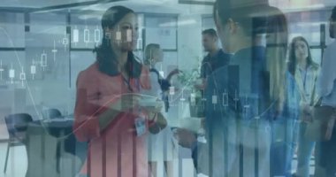 İstatistiksel veri işleme animasyonu. İki farklı kadın konuşuyor ve ofiste kahve içiyor. İş veri teknolojisi kavramı