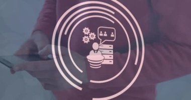 Akıllı telefon kullanan bir adamın orta kesimine karşı dijital simgelerin canlandırılması. Küresel ağ ve iş teknolojisi kavramı