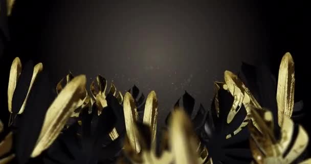 Animazione Foglie Tropicali Oro Con Particelle Che Volano Sfondo Marrone — Video Stock