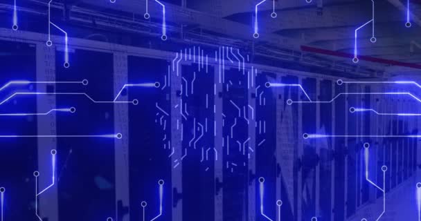 Animace Neonového Mozku Sítě Připojení Přes Serverovou Místnost Globální Koncepce — Stock video