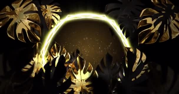 茶色の背景に黄色のネオンサークルと金の熱帯の葉のアニメーション 熱帯植物 色と自然コンセプトデジタル生成ビデオ — ストック動画