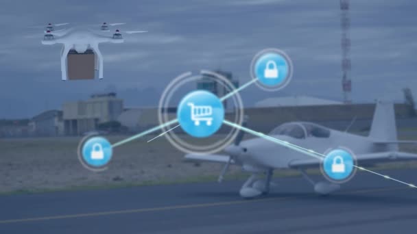 在无人机和飞机上与图标连接的网络动画 全球航运 连接和数据处理概念数字生成的视频 — 图库视频影像