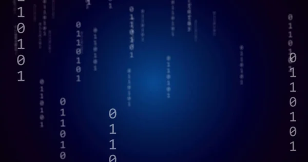 Image of binary coding and data processing over blue background. Global networks, computing and data processing concept digitally generated image.