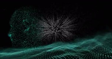 Nft metninin insan yüzü ve dalgaları oluşturan siyah arkaplan üzerinde canlandırılması. Dijital olarak üretilmiş, hologram, iletişim, yapay zeka, kripto para birimi ve teknoloji konsepti.