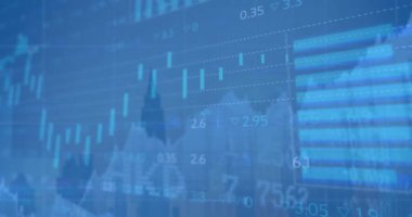 Animation of financial data processing over cityscape. Global business, finances, computing and data processing concept digitally generated video.
