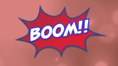 Ses baloncuklarındaki patlama metninin canlandırılması ve soyut arkaplandaki merceklerin üzerinde yıldızlar yanıp sönüyor. Dijital olarak üretilen hologram, illüstrasyon, çizgi film, patlama, aydınlatma ve teknoloji.