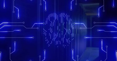 Neon beynin animasyonu ve sunucu odasındaki bağlantı ağı. Küresel iş ve dijital arayüz kavramı dijital olarak oluşturulmuş video.