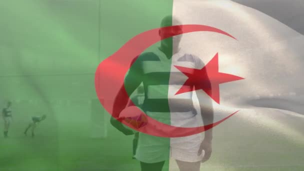 Animação Bandeira Algeria Sobre Jogadores Rugby Masculino Afro Americanos Estádio — Vídeo de Stock