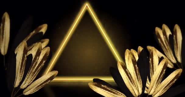 Анімація Золотого Тропічного Листя Жовтим Неоновим Трикутником Коричневому Фоні Тропічні — стокове відео