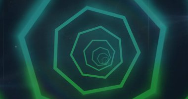 Siyah zemin üzerinde yeşil ve mavi neon altıgen tünel bileşimi. Dijital olarak oluşturulmuş şekil ve renk konsepti.