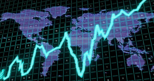 世界地図やグリッド上の金融データ処理のイメージ グローバルビジネス コンピューティング データ処理の概念デジタルで生成された画像 — ストック写真