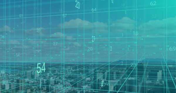 Bild Der Datenverarbeitung Raster Über Gebäuden Modernen Stadtbild Entwicklungs Kommunikations — Stockfoto