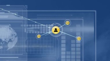 Mavi arkaplandaki simgeler ve veri işleme ile bağlantı ağının animasyonu. Dijital olarak oluşturulmuş küresel bağlantılar, teknoloji ve dijital arayüz kavramı.