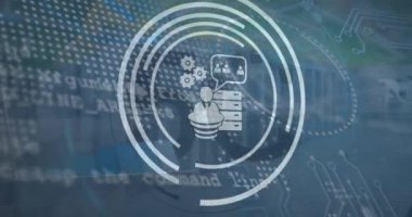 Bilgisayar sunucu odasına karşı dijital simgelerin canlandırılması, veri işleme ve 5G metin pankartı. Küresel ağ ve iş veri depolama teknolojisi kavramı