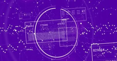 Mor arkaplan üzerinde DNA ipliği ve veri işleme animasyonu. Küresel bilim, bilgisayar ve veri işleme kavramı dijital olarak oluşturulmuş video.