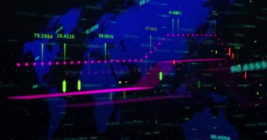Finansal veri işleme animasyonu dünya haritasında siyah arka planda. Küresel iş, finans ve dijital arayüz kavramı dijital olarak oluşturulmuş video.