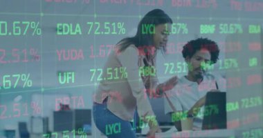 Animation of financial data processing over diverse business people. Global business, finances, computing and data processing concept digitally generated video.