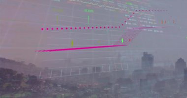 Şehir manzarası üzerinde finansal veri işleme animasyonu. küresel iş, finans ve dijital arayüz kavramı dijital olarak oluşturulmuş video.