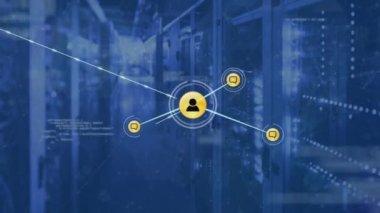 Animation of network of connections with icons and data processing over server room. Global connections, technology and digital interface concept digitally generated video.