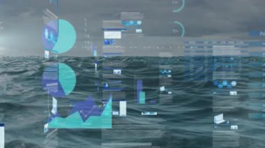 Denizaşırı mali veri işleme animasyonu. Küresel teknoloji, bilgisayar ve dijital arayüz kavramı dijital olarak oluşturulmuş video.