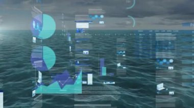 Denizaşırı mali veri işleme animasyonu. Küresel teknoloji, bilgisayar ve dijital arayüz kavramı dijital olarak oluşturulmuş video.