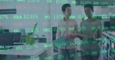 Animation of financial data processing over diverse business people. Global business, finances, computing and data processing concept digitally generated video.