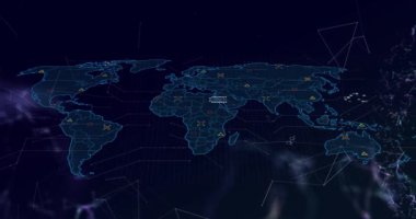Dünya haritasında işaretleyicilerin ve veri işlemenin animasyonu. Küresel iş, finans, hesaplama ve veri işleme kavramı dijital olarak oluşturulmuş video.