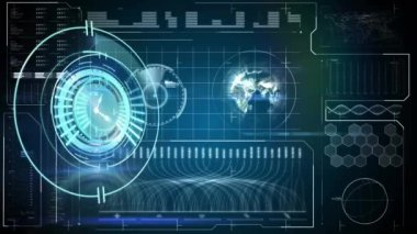 Zaman ilerliyor ve veri işleme sistemi üzerinde çalışıyor. Küresel iş, finans, hesaplama ve veri işleme kavramı dijital olarak oluşturulmuş video.