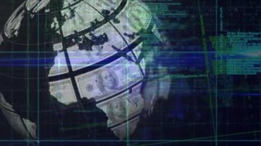 Mavi arka plandaki veri işleme üzerinde dolar banknotları olan küre animasyonu. Küresel iş, finans ve dijital arayüz kavramı dijital olarak oluşturulmuş video.