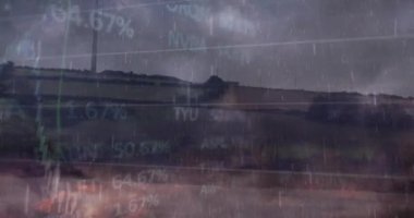 Finansal veri işleme ve rüzgar türbini fırtınasının animasyonu. Küresel rüzgar enerjisi, işletme, finans, hesaplama, dijital arayüz ve veri işleme kavramı dijital olarak oluşturuldu.