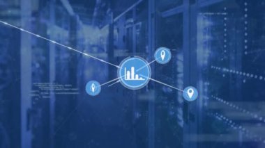 Animation of network of connections with icons and data processing over server room. Global connections, technology and digital interface concept digitally generated video.