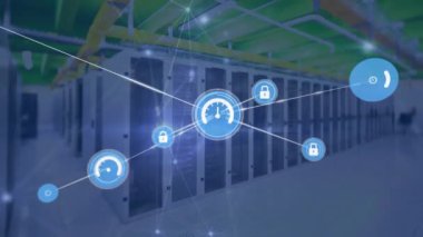 Animation of network of connections with icons over server room. Global connections, technology and digital interface concept digitally generated video.