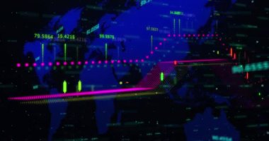 Finansal veri işleme animasyonu dünya haritasında siyah arka planda. Küresel iş, finans ve dijital arayüz kavramı dijital olarak oluşturulmuş video.