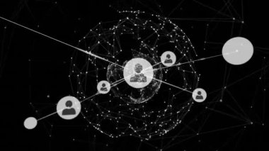 Siyah arkaplandaki simgelerle bağlantı ağının animasyonu. Dijital olarak oluşturulmuş küresel bağlantılar, hesaplama ve veri işleme kavramı.