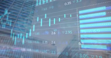 Animation of financial data processing over cityscape. Global business, finances, computing and data processing concept digitally generated video.