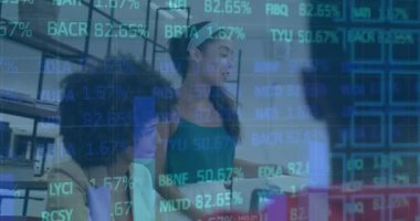 Animation of financial data processing over diverse business people. Global business, finances, computing and data processing concept digitally generated video. 